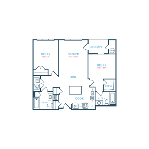 Floor plan for 2 beds, 2 baths, 1133 sqft